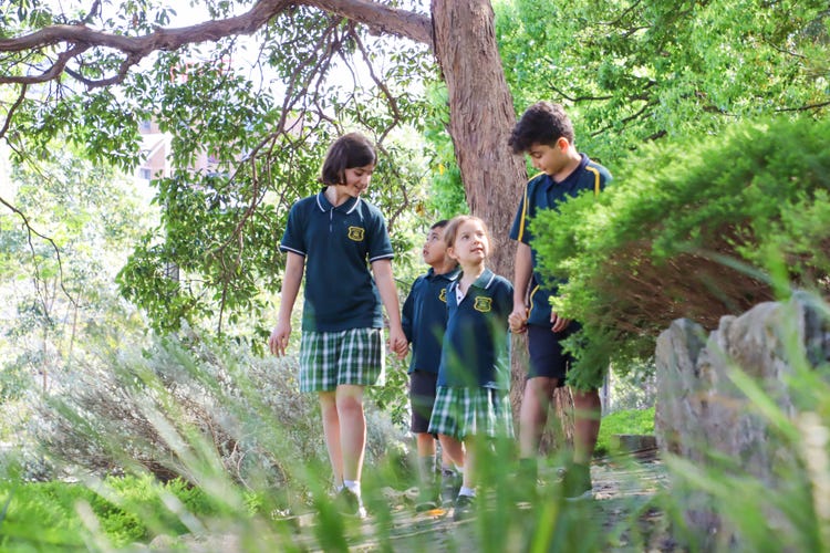 Image of four student walking through grounds